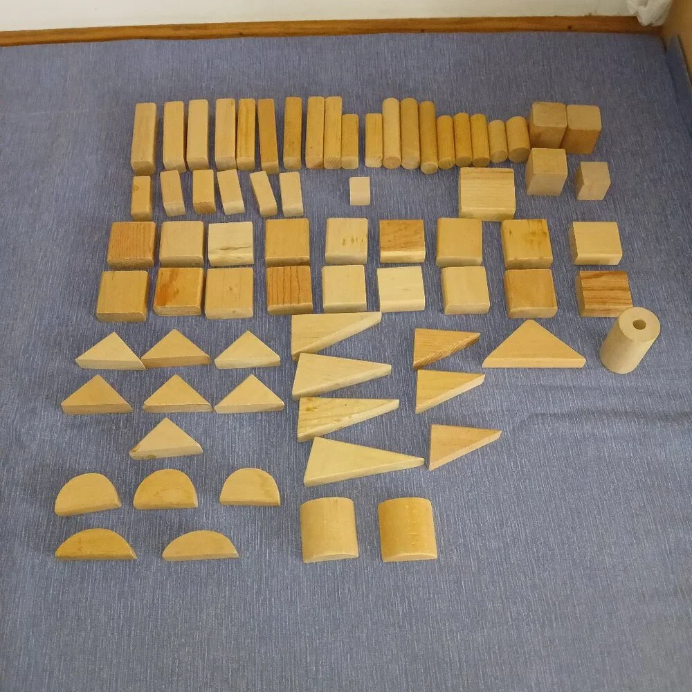Assortment Building Wooden Blocks x 72 with storage bucket Used